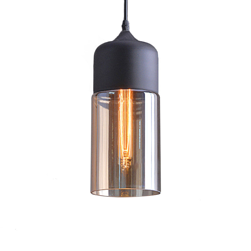 Cylinder Pendant Industrial Lighting - 1 Light Brown Glass Hanging Ceiling In Black 5/7/8 Wide