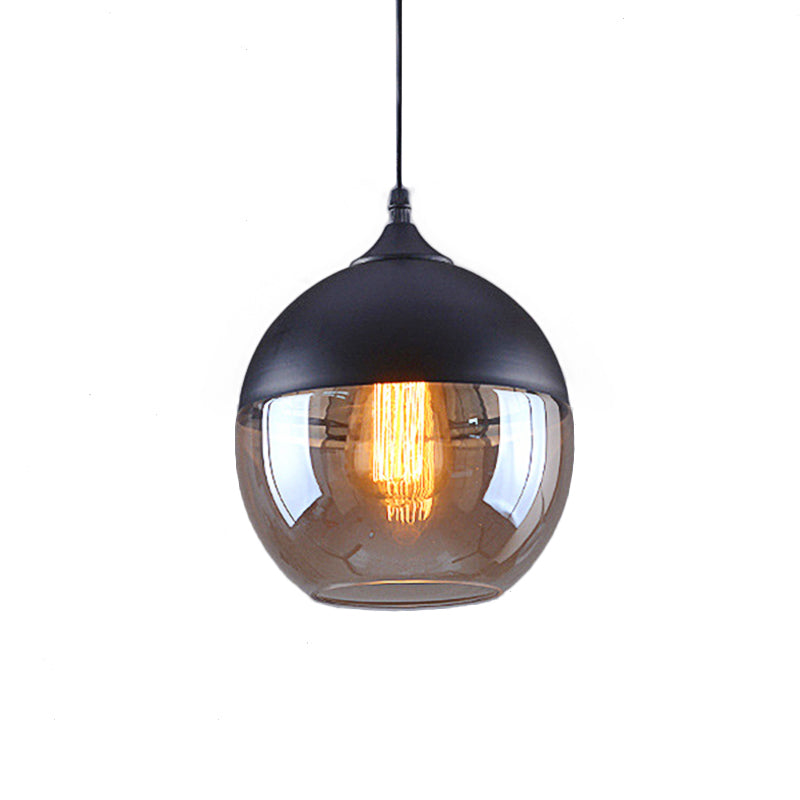 Industrial Cylinder Pendant Light with Brown Glass Shade - 1-Light Hanging Ceiling Fixture in Black, 5"/7"/8" Wide