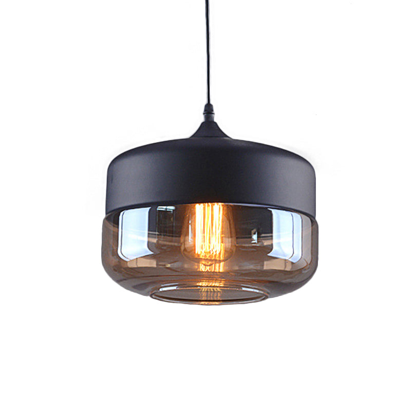 Industrial Cylinder Pendant Light with Brown Glass Shade - 1-Light Hanging Ceiling Fixture in Black, 5"/7"/8" Wide