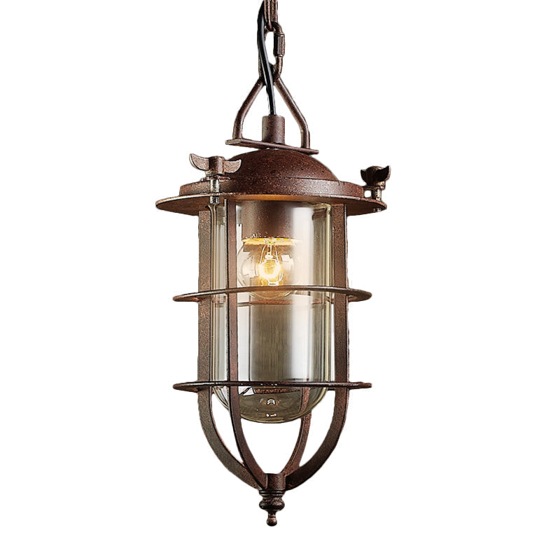 Coastal Rust Caged Lantern Pendant Fixture with Clear Glass - Single-Bulb Ceiling Light for Living Room