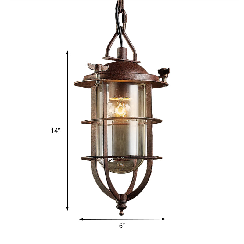 Coastal Rust Caged Lantern Pendant Fixture with Clear Glass - Single-Bulb Ceiling Light for Living Room