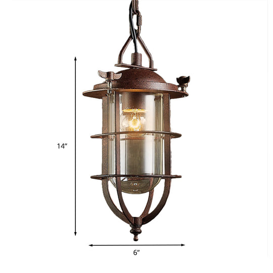 Coastal Rust Caged Lantern Pendant: Clear Glass Single-Bulb Ceiling Light For Living Room