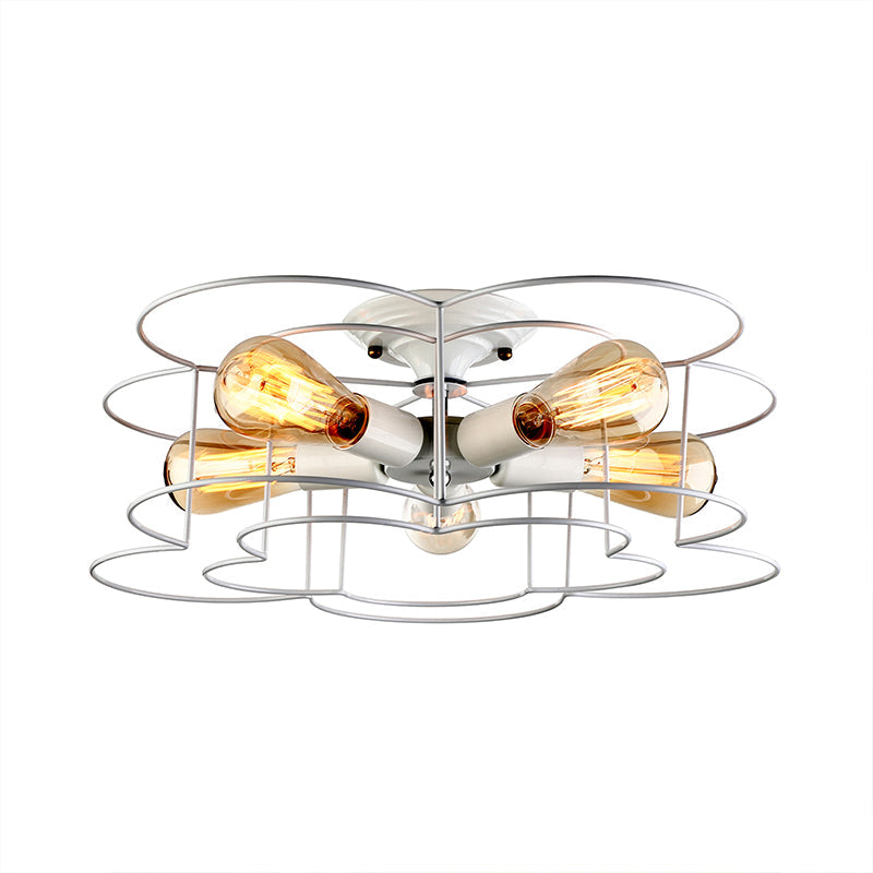 Modern Wire Caged Bloom-Shaped Ceiling Light - 5-Light Semi-Flush Mount in White for Bedroom