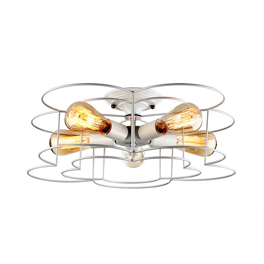 Modern Wire Caged Bloom-Shaped Ceiling Light - 5-Light Semi-Flush Mount in White for Bedroom