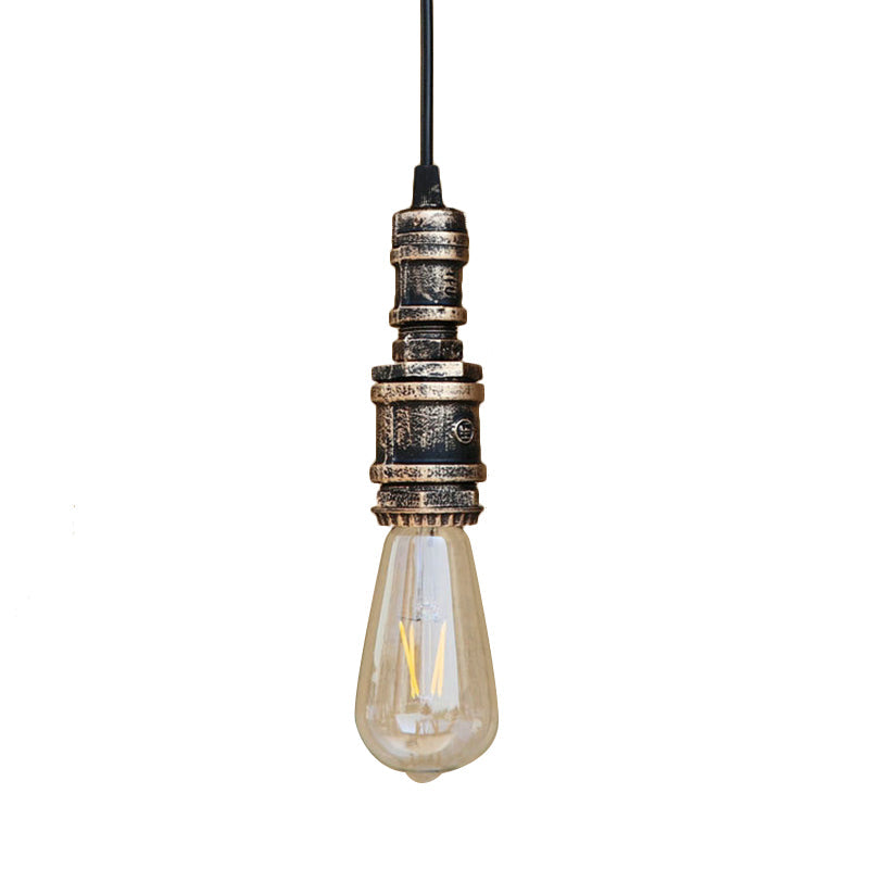 Rustic Black/Silver Wrought Iron Bare Bulb Hanging Light Fixture with Pipe - Bathroom Ceiling Lighting