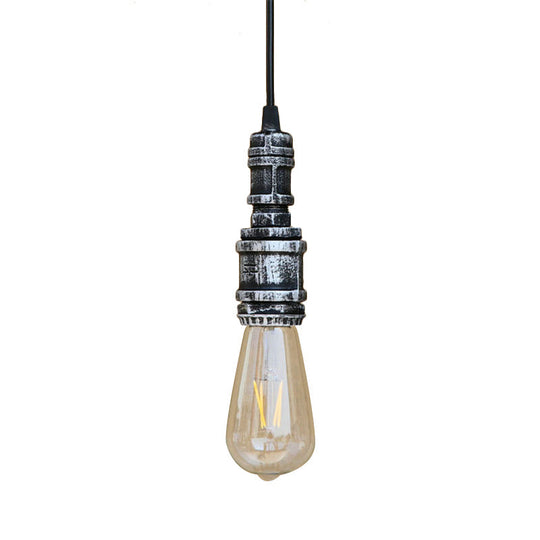 Rustic Black/Silver Wrought Iron Bare Bulb Hanging Light Fixture with Pipe - Bathroom Ceiling Lighting