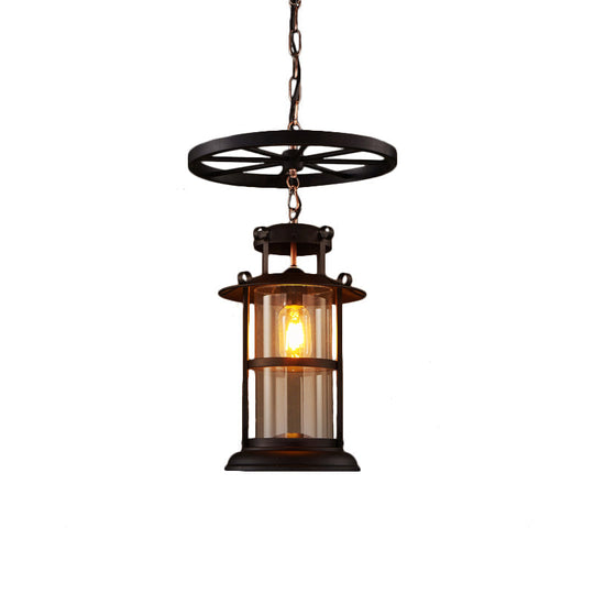 Farmhouse Black Single Light Pendant Ceiling Light with Clear Glass Cylinder and Iron Wheel Fixture