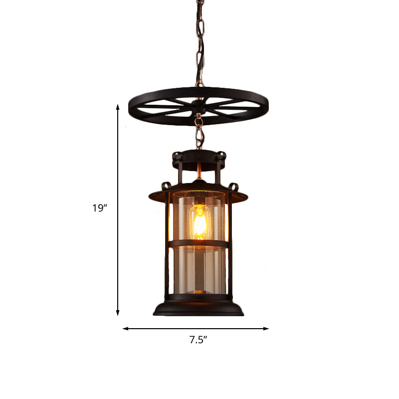 Farmhouse Black Single Light Pendant Ceiling Light with Clear Glass Cylinder and Iron Wheel Fixture