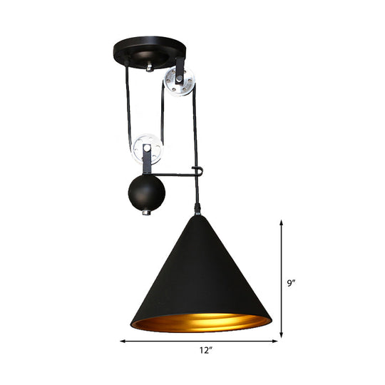 Black/White Conical Hanging Lamp with Pulley - Industrial Style Metal Pendant Lighting