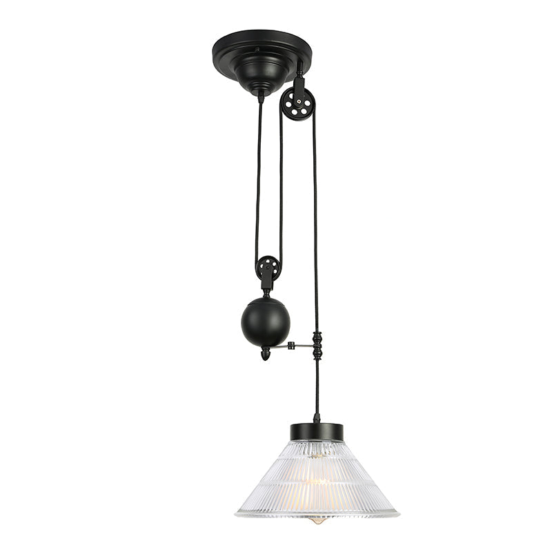 Industrial Black Cone Pendant Lighting with Prismatic Glass - Dining Room Ceiling Fixture