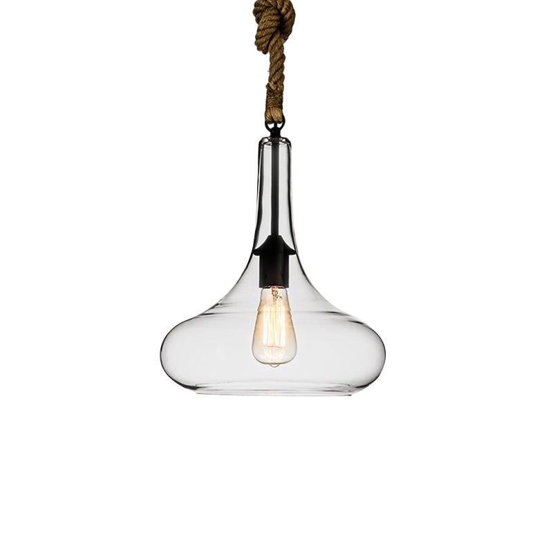 Industrial Style 1-Light Clear Glass Pendant Lighting for Bedroom with Adjustable Rope