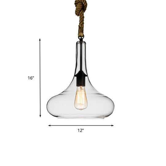 Industrial Style 1-Light Clear Glass Pendant Lighting for Bedroom with Adjustable Rope