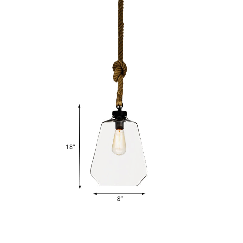 Industrial Style 1-Light Clear Glass Pendant Lighting for Bedroom with Adjustable Rope