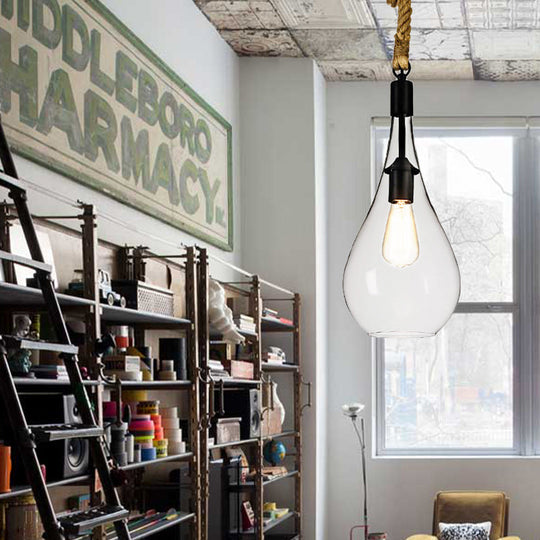 Industrial Style Clear Glass Pendant Light With Adjustable Rope For Bedroom / Teardrop