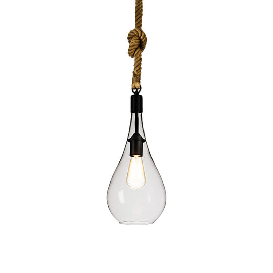 Industrial Style 1-Light Clear Glass Pendant Lighting for Bedroom with Adjustable Rope