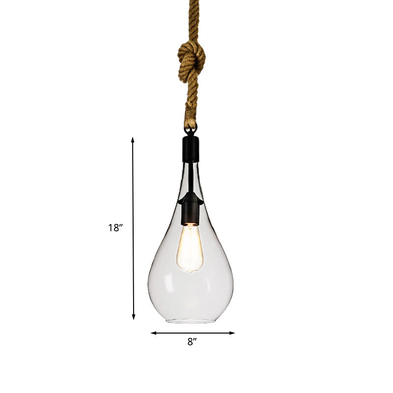 Industrial Style 1-Light Clear Glass Pendant Lighting for Bedroom with Adjustable Rope