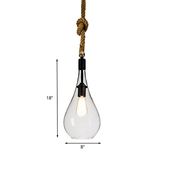 Industrial Style 1-Light Clear Glass Pendant Lighting for Bedroom with Adjustable Rope