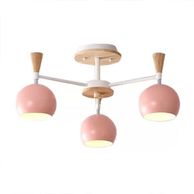 Nordic Style Wood and Metal Ceiling Light, 3-Light Semi Flush Mount with Orb Shade for Kids Bedroom