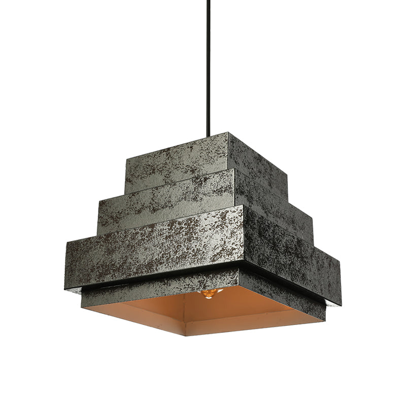 Antique Style Metal Pendant Light Set - Square/Trapezoid, 4 Lights - Adjustable Cord, Aged Black - Ideal for Restaurants