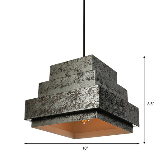 Antique Style Metal Pendant Light Set - Square/Trapezoid, 4 Lights - Adjustable Cord, Aged Black - Ideal for Restaurants