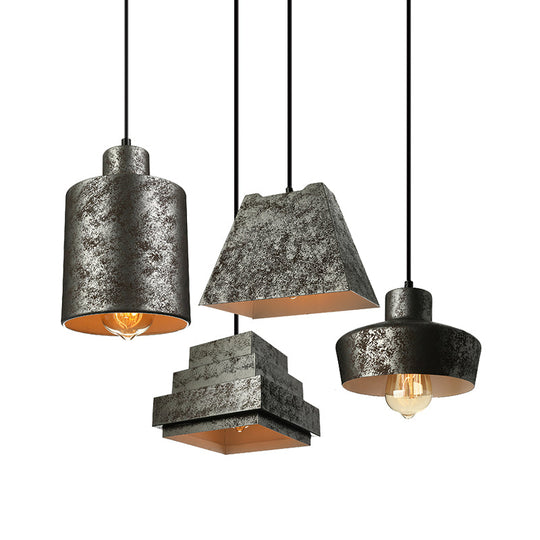 Antique Style Metal Pendant Light Set - Square/Trapezoid, 4 Lights - Adjustable Cord, Aged Black - Ideal for Restaurants