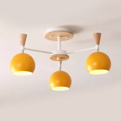 Nordic Style Wood and Metal Ceiling Light, 3-Light Semi Flush Mount with Orb Shade for Kids Bedroom