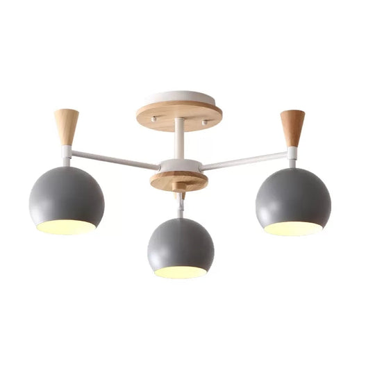 Nordic Style Wood and Metal Ceiling Light, 3-Light Semi Flush Mount with Orb Shade for Kids Bedroom