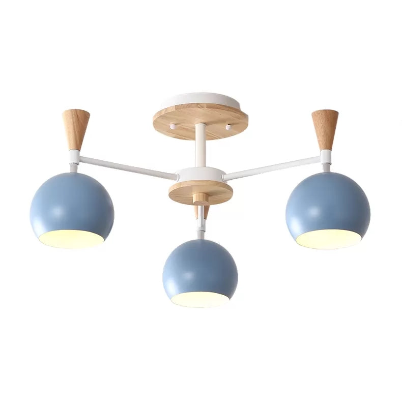 Nordic Style Wood and Metal Ceiling Light, 3-Light Semi Flush Mount with Orb Shade for Kids Bedroom