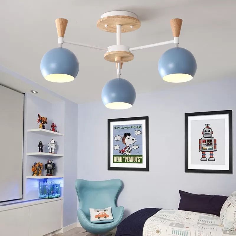 Nordic Style Wood and Metal Ceiling Light, 3-Light Semi Flush Mount with Orb Shade for Kids Bedroom