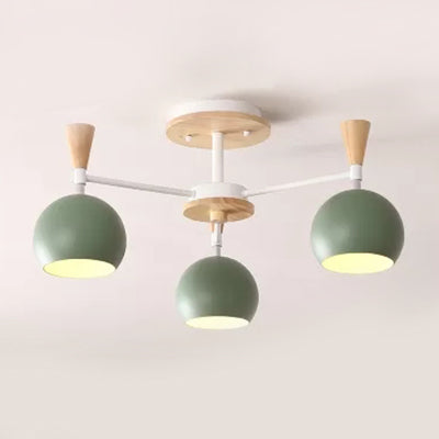 Nordic Style Wood and Metal Ceiling Light, 3-Light Semi Flush Mount with Orb Shade for Kids Bedroom