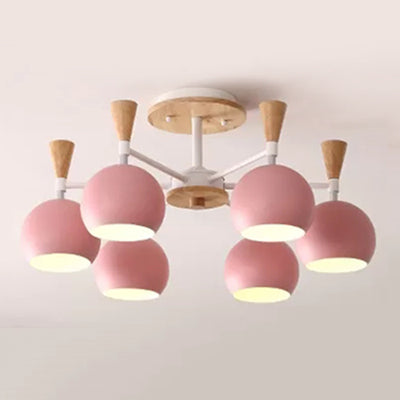 Nordic Style Wood and Metal Ceiling Light, 3-Light Semi Flush Mount with Orb Shade for Kids Bedroom