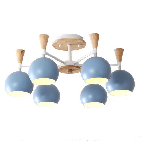 Nordic Style Wood and Metal Ceiling Light, 3-Light Semi Flush Mount with Orb Shade for Kids Bedroom