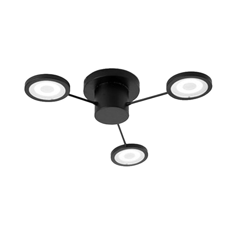 Modern Metal Semi Flush Mount Light Fixture - Small Disk Design with 3 Lights, Black/White Ceiling Flush for Bedroom in Warm/White