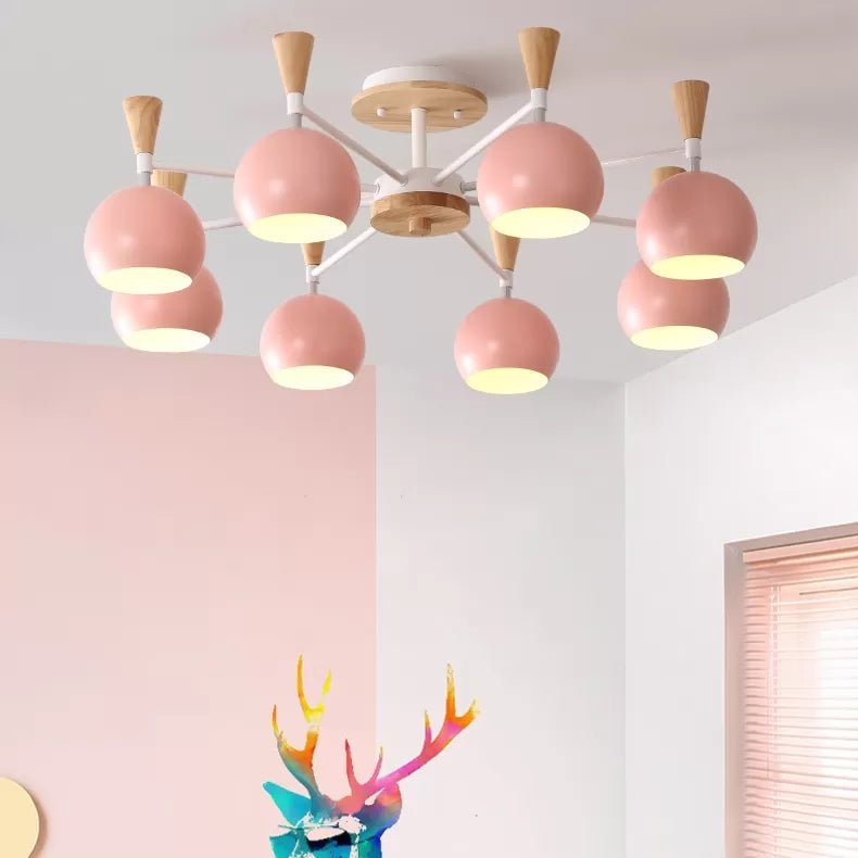 Nordic Style Wood and Metal Ceiling Light, 3-Light Semi Flush Mount with Orb Shade for Kids Bedroom