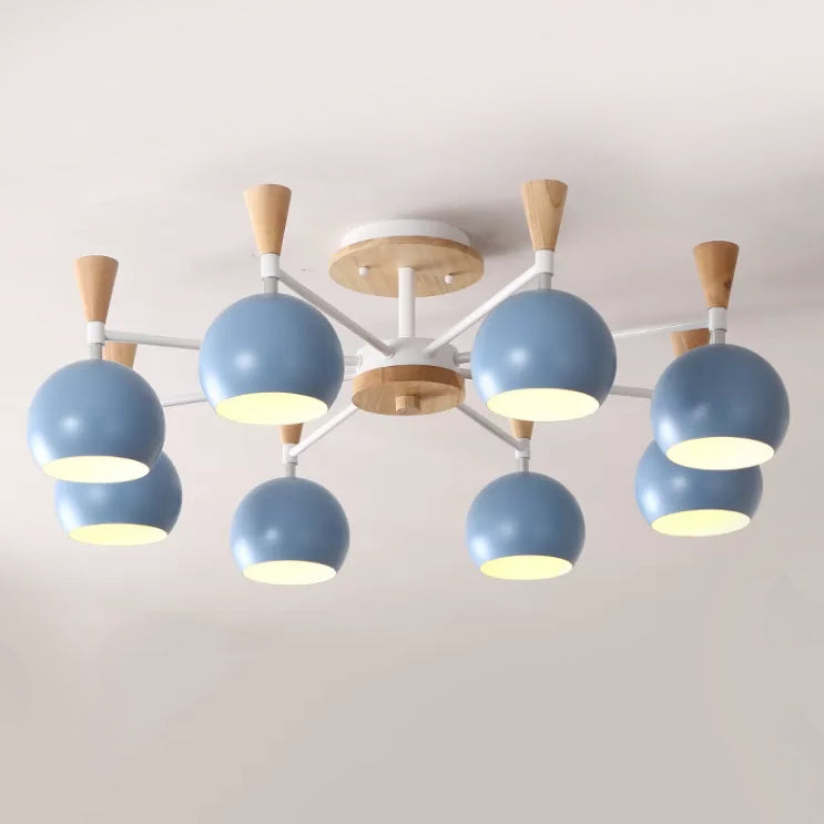 Nordic Style Wood and Metal Ceiling Light, 3-Light Semi Flush Mount with Orb Shade for Kids Bedroom