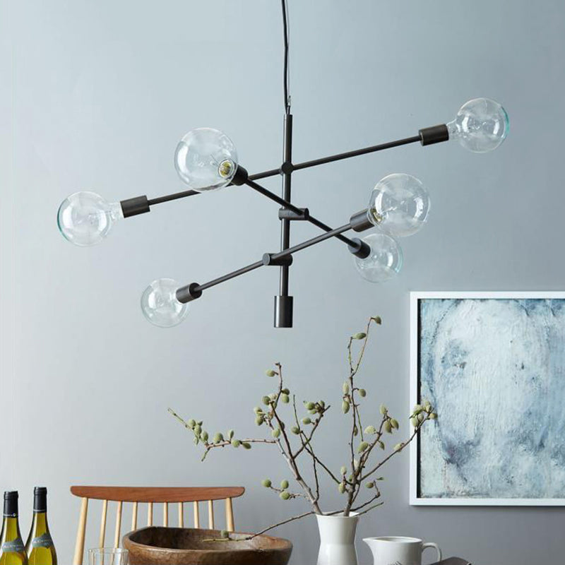 Modernist Mobile Metal Chandelier - 6-Light Black Hanging Light Fixture With Exposed Bulbs