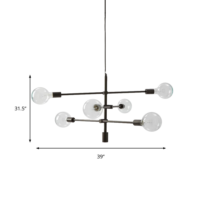 Modernist Mobile Metal Chandelier - 6-Light Black Hanging Light Fixture With Exposed Bulbs