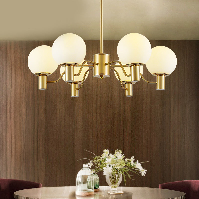 Contemporary Radial White Glass Chandelier With Gold Finish - Stunning Ball Shade Hanging Light