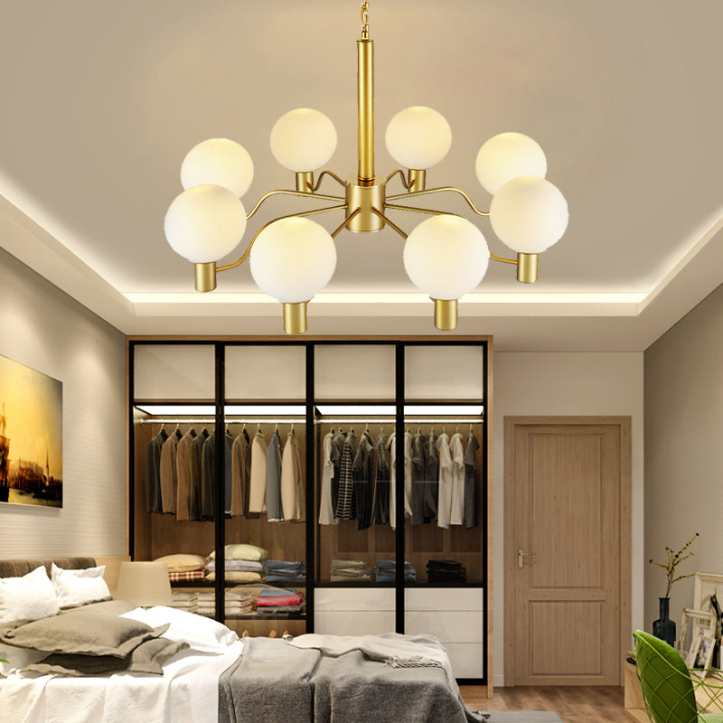 Contemporary Radial White Glass Chandelier With Gold Finish - Stunning Ball Shade Hanging Light