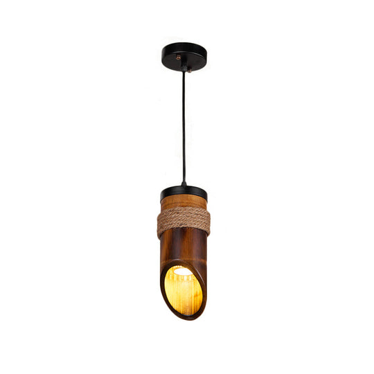 Bamboo Tubed Pendant Light - Height Adjustable With Rope For Ceiling 1 Bulb Lamp