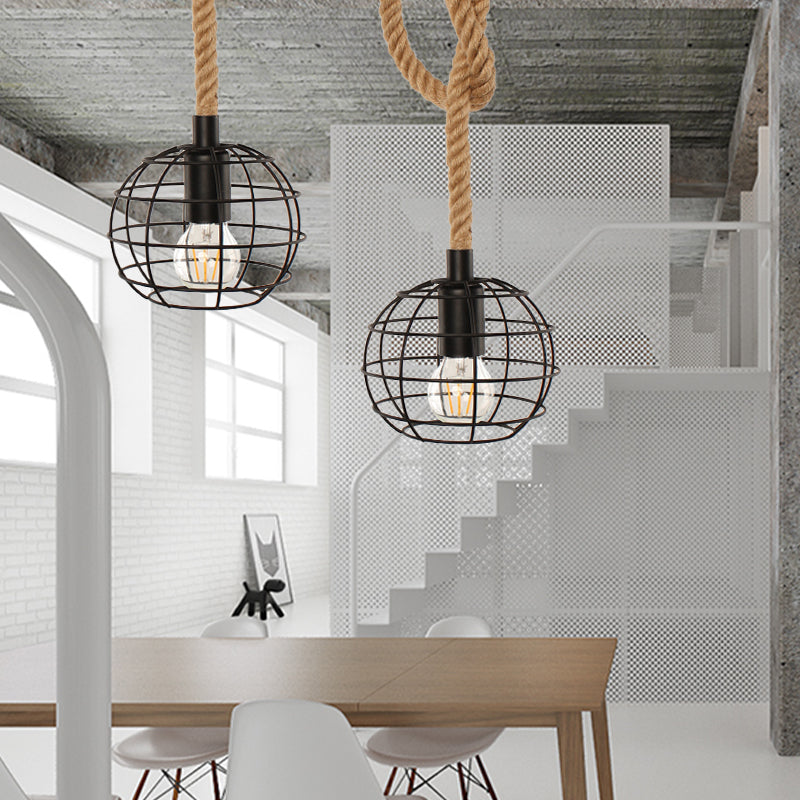 Adjustable Rope Industrial Wire Globe Pendant Lamp - Metal Suspension Light In Black For Dining Room