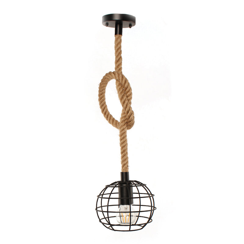 Adjustable Rope Industrial Wire Globe Pendant Lamp - Metal Suspension Light In Black For Dining Room