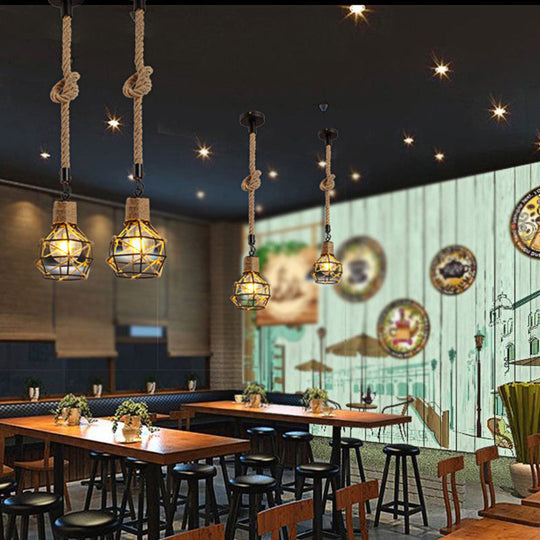 Country Metallic Pendant Light With Rope - Dome Cage Design For Restaurant Ceilings