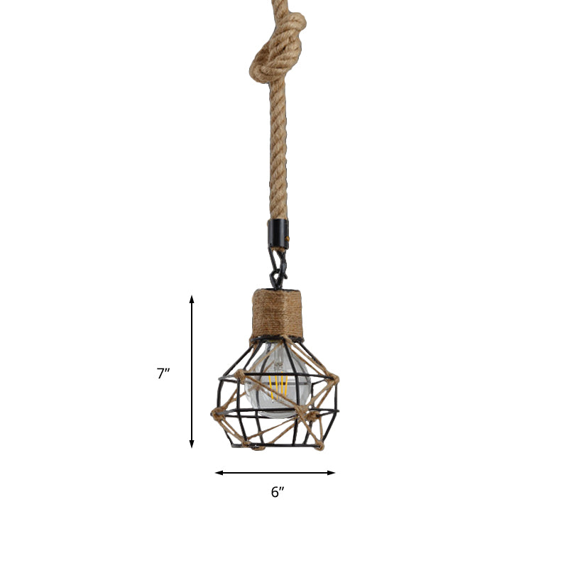 Country Metallic Pendant Light With Rope - Dome Cage Design For Restaurant Ceilings