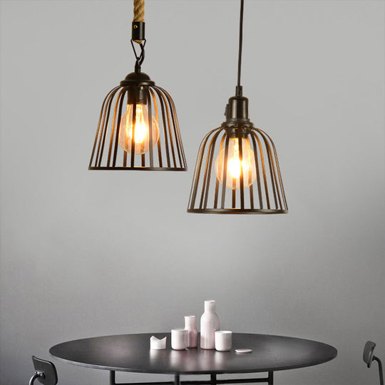 Industrial Metal Dome Cage Pendant Light With Rope Cord - Black Suspension Lamp For Dining Room