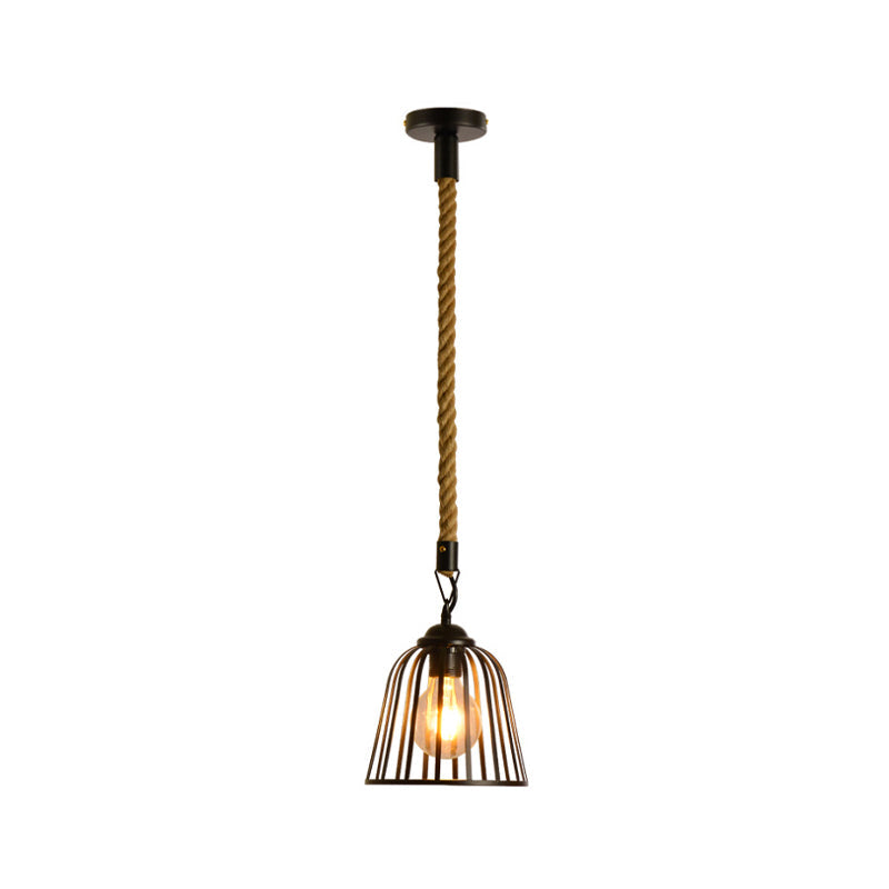 Industrial Metal Dome Cage Pendant Light With Rope Cord - Black Suspension Lamp For Dining Room