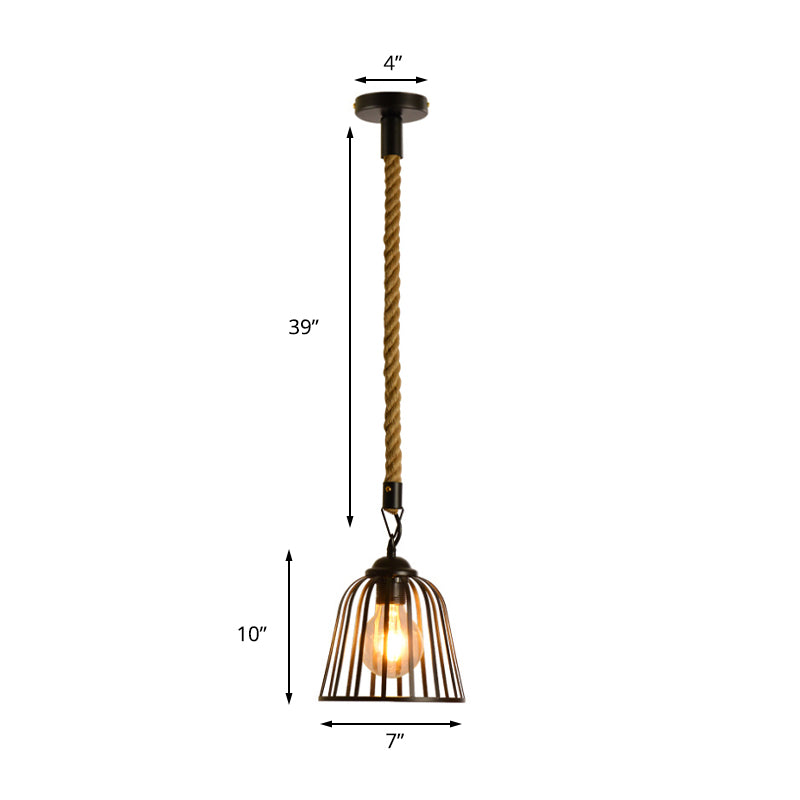 Industrial Metal Dome Cage Pendant Light With Rope Cord - Black Suspension Lamp For Dining Room