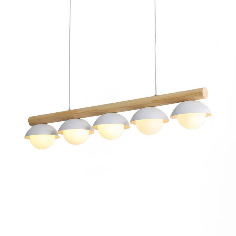 Modern Wood Stem Linear Chandelier - 5/7 Lights White Shade Billiard For Restaurants