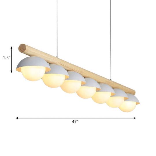 Modern Wood Stem Linear Chandelier - 5/7 Lights White Shade Billiard For Restaurants