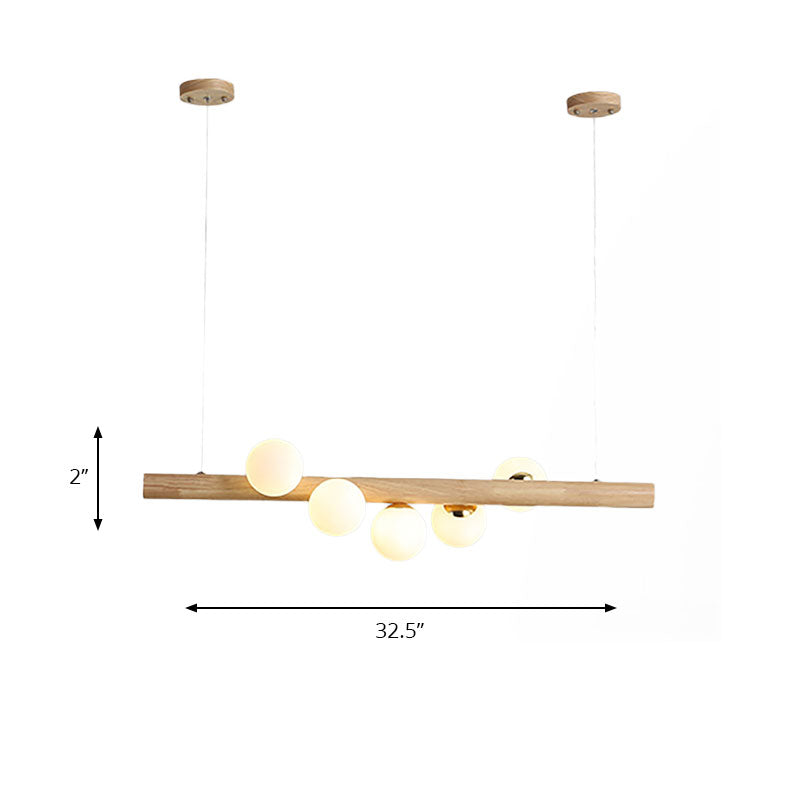 Modern Wood Island Light With Spherical Shade - Opal Glass Ceiling Lamp (5/7 Lights) For Dining Room